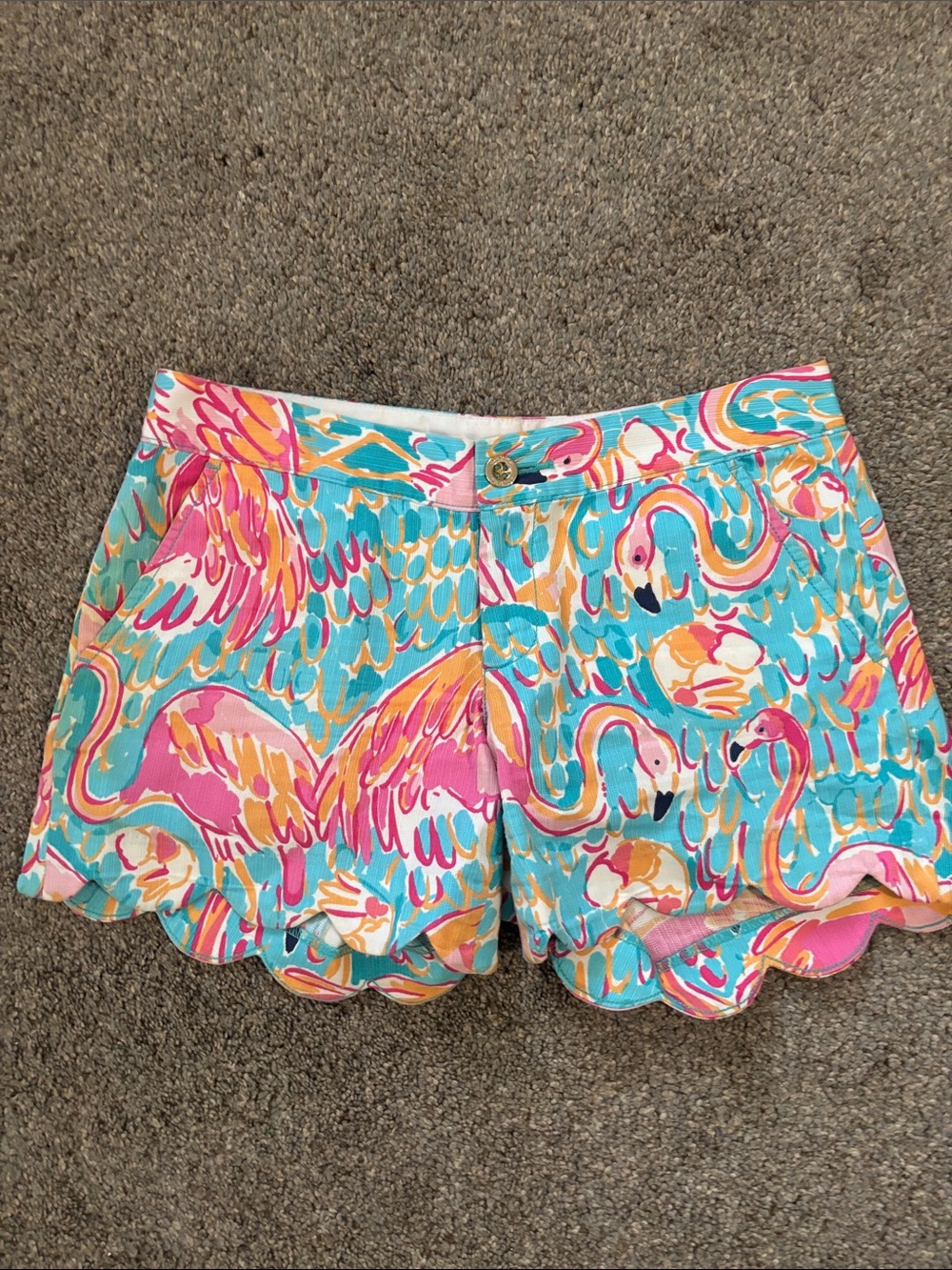 Lilly Pulitzer Flamingo Print Scallop-Hem Shorts - Pink & Turquoise